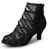 <transcy>Модные сапоги для бальных латиноамериканских танцев сальсы, женские туфли для социальных танцев на высоком каблуке с черной сеткой, атласный ремешок с крестиком</transcy>