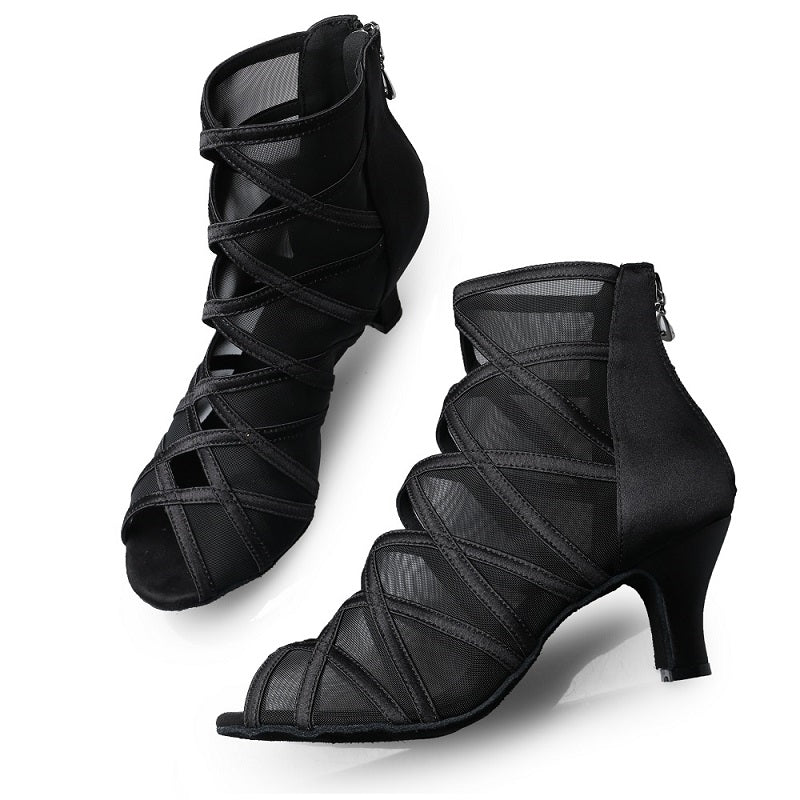 Fashion Ballroom Latin Salsa Dance Boots Women Social Dancing High Heels Black Mesh Satin Cross Strap