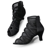 <transcy>Salón de baile de moda Botas de baile de salsa latina Tacones altos de baile social para mujeres con correa cruzada de satén de malla negra</transcy>