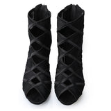 <transcy>Salón de baile de moda Botas de baile de salsa latina Tacones altos de baile social para mujeres con correa cruzada de satén de malla negra</transcy>