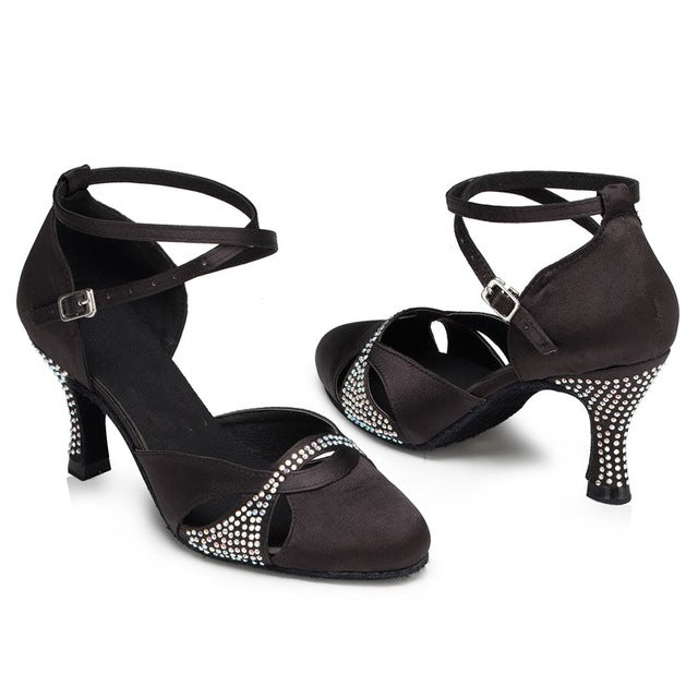 Satin Ballroom Dance Shoes | Women's Modern Latin Dance Shoes | Rhinestone Customized Heel Salsa Shoes | Danceshoesmart