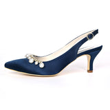 Women Girl Satin Stiletto Heel Closed Toe Pumps With Imitation Pearl Rhinestone
