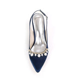 Women Girl Satin Stiletto Heel Closed Toe Pumps With Imitation Pearl Rhinestone