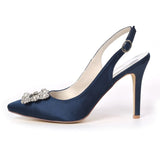 Women's Pumps Fashion Stiletto High Heel Wedding Shoes Pointed Satin Rhinestone Buckle Slip On Shoes
