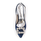 Women's Pumps Fashion Stiletto High Heel Wedding Shoes Pointed Satin Rhinestone Buckle Slip On Shoes