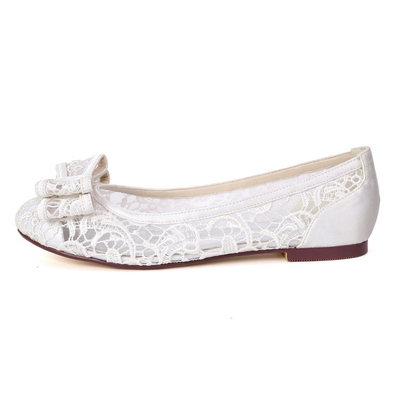 Women's Lace Bowtie Flats Closed Toe Sandals Wedding Bride Shoes