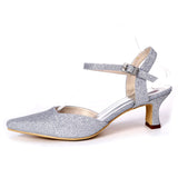 Women's Glitter Chunky Heel Pumps Closed Toe Sandals for Wedding Shoes