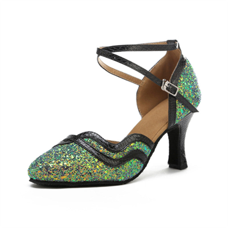 <transcy>Блестящие женские туфли для латинских танцев Обувь для бальных танцев с закрытым носком Обувь для сальсы</transcy>