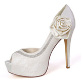 Women's Rhinestone Stiletto Heel Peep Toe Pumps Platform Sandals With Stitching Lace Flower Elegant Wedding Shoes