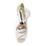 Women's Rhinestone Stiletto Heel Peep Toe Pumps Platform Sandals With Stitching Lace Flower Elegant Wedding Shoes