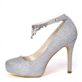 Women's Pumps Round Toe 11cm High Heels Platform Ankle Strap Rhinestone Shoes Female Wedding Stilettos