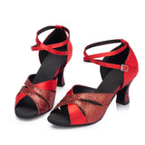 Sequined Women Latin Dance Shoes | Red Ballroom Salsa Shoes | High Quality | Danceshoesmart