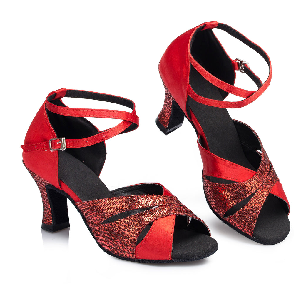 <transcy>Zapatos de baile latino con lentejuelas para mujer | Zapatos rojos de salsa de salón | Alta calidad | Danceshoesmart</transcy>