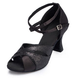 <transcy>Zapatos negros de salsa para mujer | Zapatos de baile de salón latino con purpurina | Suela de gamuza | Danceshoesmart</transcy>
