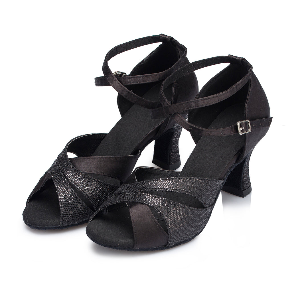 Black Women's Salsa Shoes | Glitter Latin Ballroom Dance Shoes | Suede Sole | Danceshoesmart