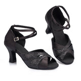 <transcy>Zapatos negros de salsa para mujer | Zapatos de baile de salón latino con purpurina | Suela de gamuza | Danceshoesmart</transcy>