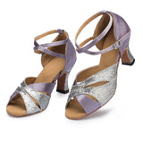 <transcy>Фиолетовые туфли для латинских танцев | Атласные туфли сальсы с пряжкой | Женская обувь для бальных танцев | Danceshoesmart</transcy>
