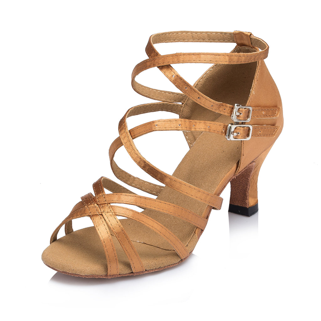 Customized Heel Dance Shoes | Brown Women's Latin Salsa Shoes | Satin Upper Suede Sole | Danceshoesmart