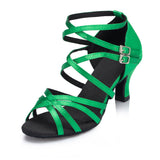 Green Latin Dance Shoes | Women Ballroom Salsa Shoes | Buckle Suede Sole | Danceshoesmart