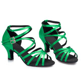Green Latin Dance Shoes | Women Ballroom Salsa Shoes | Buckle Suede Sole | Danceshoesmart