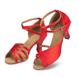<transcy>Zapatos de baile de interior rojos | Zapatos de baile de salón latino de satén | Mujeres | Tacón 6cm Personalizado | Danceshoesmart</transcy>