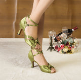 Satin Latin Dance Shoes For Women | Knot Purple Green Salsa Shoes | Ballroom Dance Shoes | Danceshoesmart