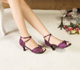 Satin Latin Dance Shoes For Women | Knot Purple Green Salsa Shoes | Ballroom Dance Shoes | Danceshoesmart