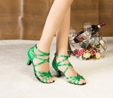 Green Latin Dance Shoes | Women Ballroom Salsa Shoes | Buckle Suede Sole | Danceshoesmart