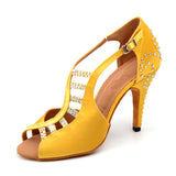 Heels Women Dance Shoes | Satin Latin Dance Shoes | Ballroom Rhinestone Salsa Shoes | Black Yellow | Danceshoesmart