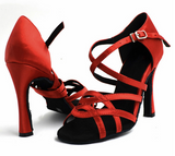 <transcy>De baile latino de satén para mujer | Zapatos de baile de salón de tacón alto | Rojo azul | Danceshoesmart</transcy>