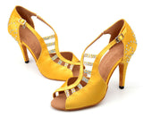 Heels Women Dance Shoes | Satin Latin Dance Shoes | Ballroom Rhinestone Salsa Shoes | Black Yellow | Danceshoesmart