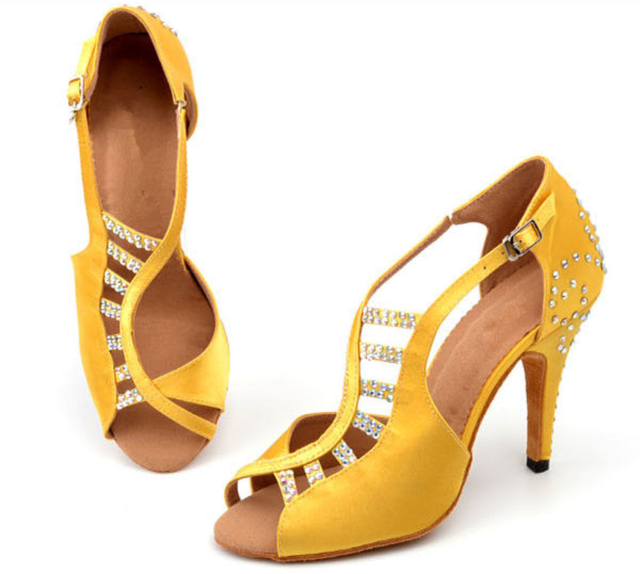 Heels Women Dance Shoes | Satin Latin Dance Shoes | Ballroom Rhinestone Salsa Shoes | Black Yellow | Danceshoesmart