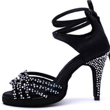 <transcy>Женская обувь для латинских танцев | Черный атласный горный хрусталь | Туфли для танцев сальсы на высоких каблуках | Каблук 10см | Danceshoesmart</transcy>