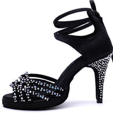 Ladies Latin Dance Shoes | Black Satin Rhinestone | High Heels Salsa Dancing Shoes | Heel 10cm | Danceshoesmart