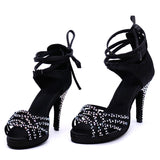 Ladies Latin Dance Shoes | Black Satin Rhinestone | High Heels Salsa Dancing Shoes | Heel 10cm | Danceshoesmart