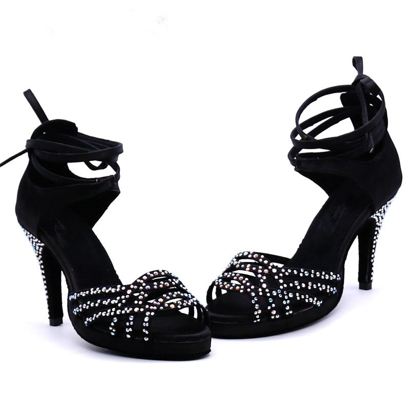 Ladies Latin Dance Shoes | Black Satin Rhinestone | High Heels Salsa Dancing Shoes | Heel 10cm | Danceshoesmart