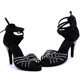 <transcy>Женская обувь для латинских танцев | Черный атласный горный хрусталь | Туфли для танцев сальсы на высоких каблуках | Каблук 10см | Danceshoesmart</transcy>