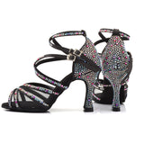 Satin Latin Dance Shoes | Women's Ballroom Dance Shoes | Black Colorful Rhinestone | Salsa Shoes | Danceshoesmart