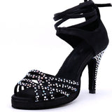 Ladies Latin Dance Shoes | Black Satin Rhinestone | High Heels Salsa Dancing Shoes | Heel 10cm | Danceshoesmart