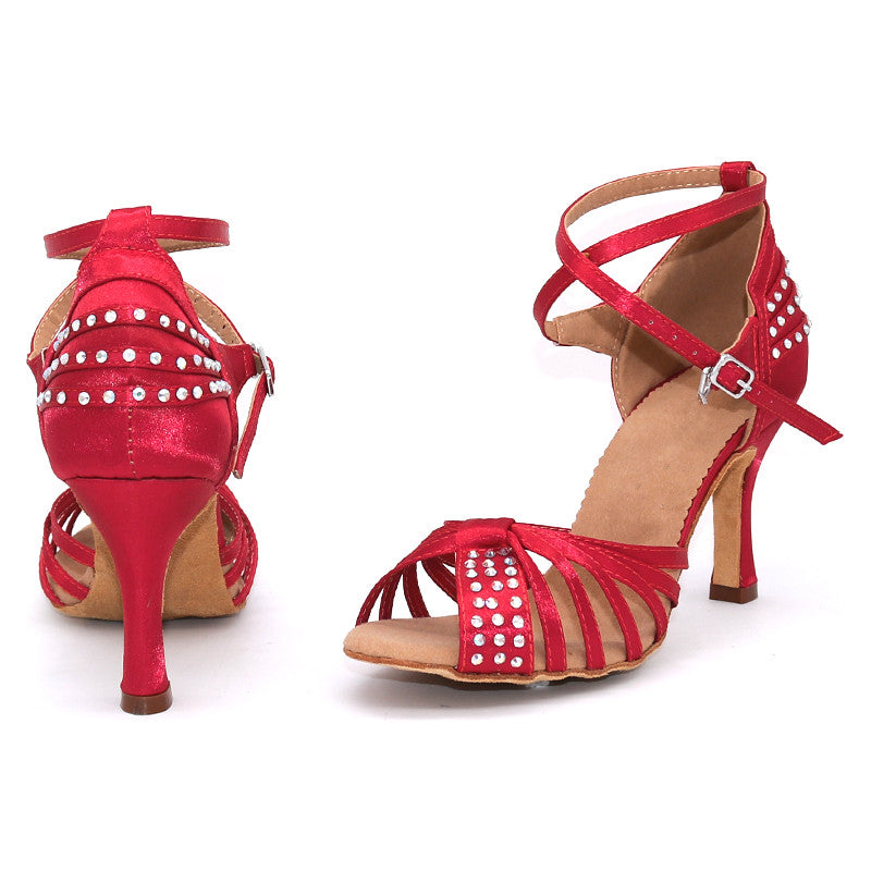 Zapatos de baile latino, Salsa Mujer Zapatos de satén rojo vino