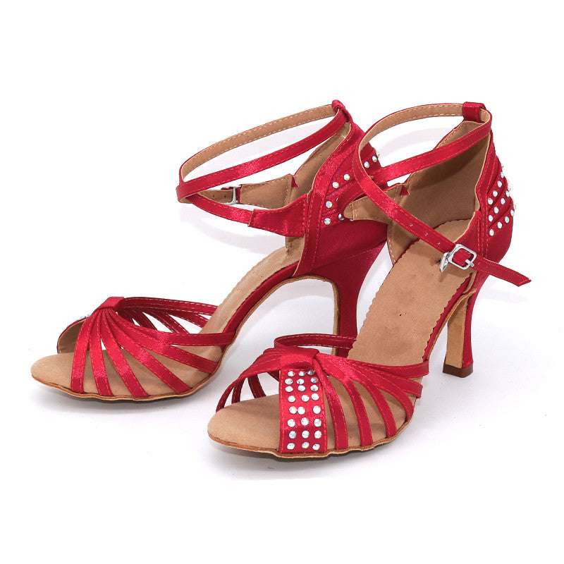 Zapatos de baile latino, Salsa Mujer Zapatos de satén rojo vino