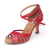 Latin Dance Shoes | Salsa Women Wine red Satin Shoes | Ballroom Dancing Rhinestone Tango Shoes | Danceshoesmart