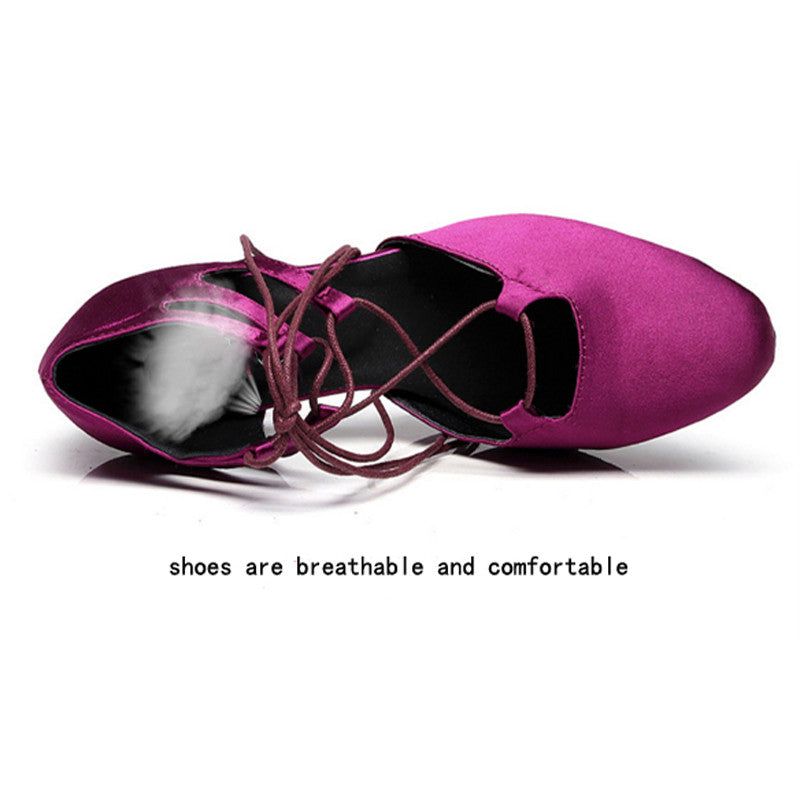<transcy>Женские туфли для танцев в черном и фиолетовом цвете | Бандажные туфли для латинских танцев | Атласный каблук по индивидуальному заказу | Danceshoesmart</transcy>