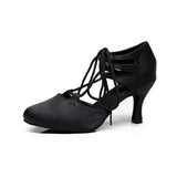 <transcy>Zapatos de baile negros y morados para mujer | Vendaje de zapatos de baile latino | Tacón de satén personalizado | Danceshoesmart</transcy>