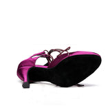 <transcy>Zapatos de baile negros y morados para mujer | Vendaje de zapatos de baile latino | Tacón de satén personalizado | Danceshoesmart</transcy>