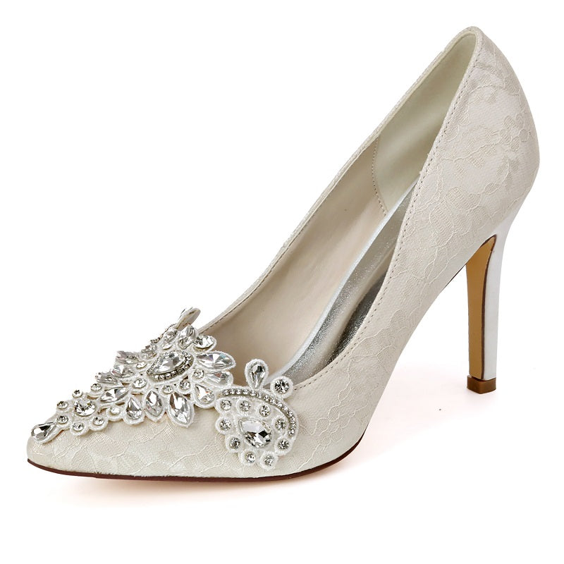 Women's Stiletto Heel Closed Toe Pumps Sandals With Rhinestone Wedding Shoes For Bride