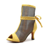 Soft Sole Dance Shoes Black Yellow Women High Heeled Tango Ballroom Dance Boots Girls Mesh Salsa Dancing Shoes