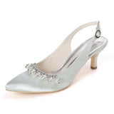 Women Girl Satin Stiletto Heel Closed Toe Pumps With Imitation Pearl Rhinestone