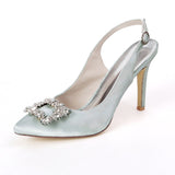 Women's Pumps Fashion Stiletto High Heel Wedding Shoes Pointed Satin Rhinestone Buckle Slip On Shoes