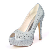 Women's Satin Stiletto Heel Peep Toe Platform Pumps Sandals Rhinestone 12.5cm High Heel Shoes For Wedding Party Bride